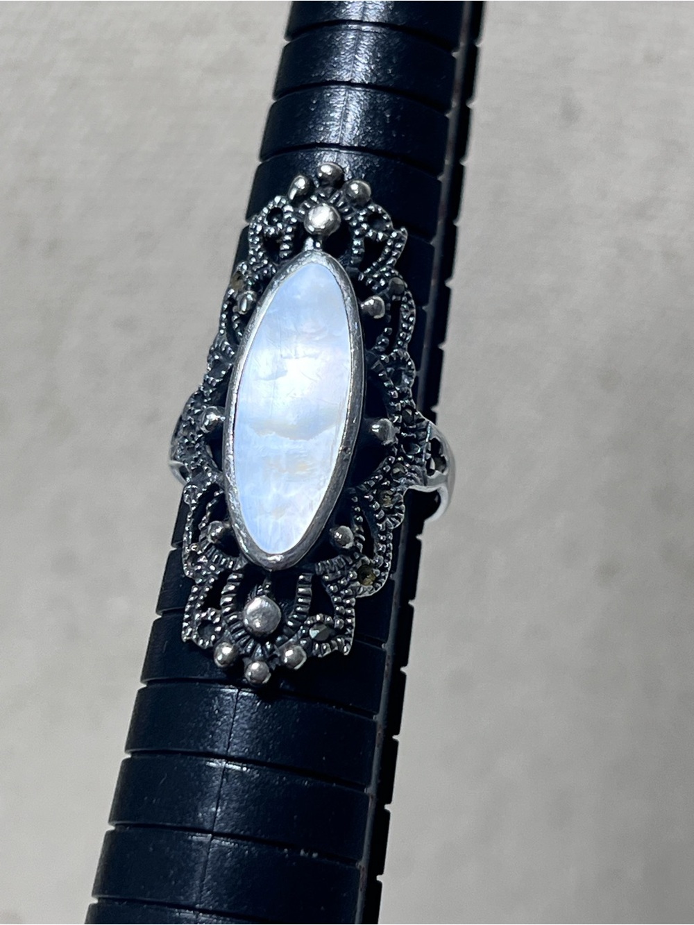 Sterling Silver Filigree Mother of Pearl Marquise Ring - White Moonstone